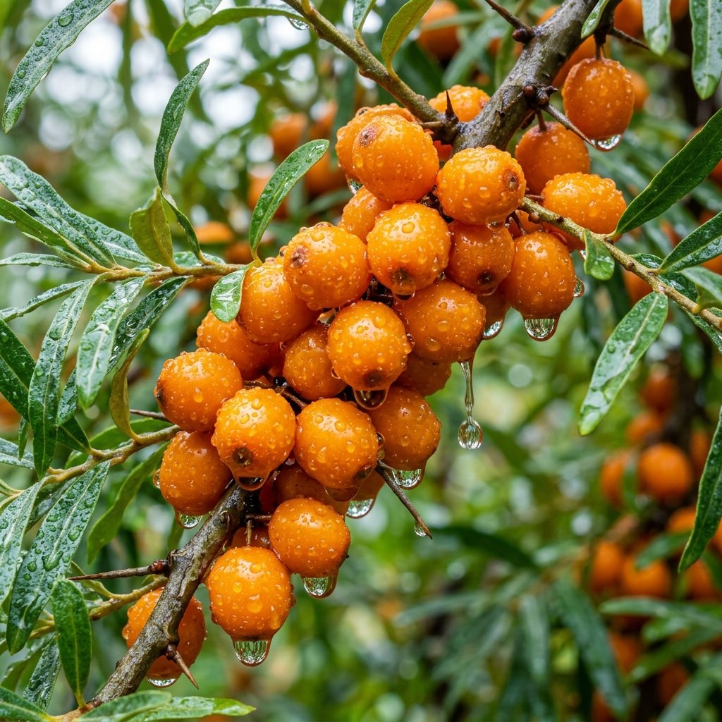 Rain dripping on Sea Buckthorn